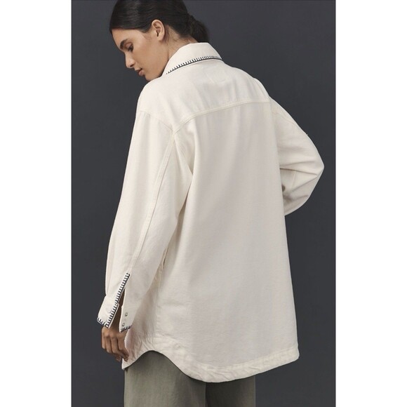 Anthropologie Pilcro Denim Shacket Jacket Ivory Tillie Relax Whipstitch Large NW - Picture 5 of 12